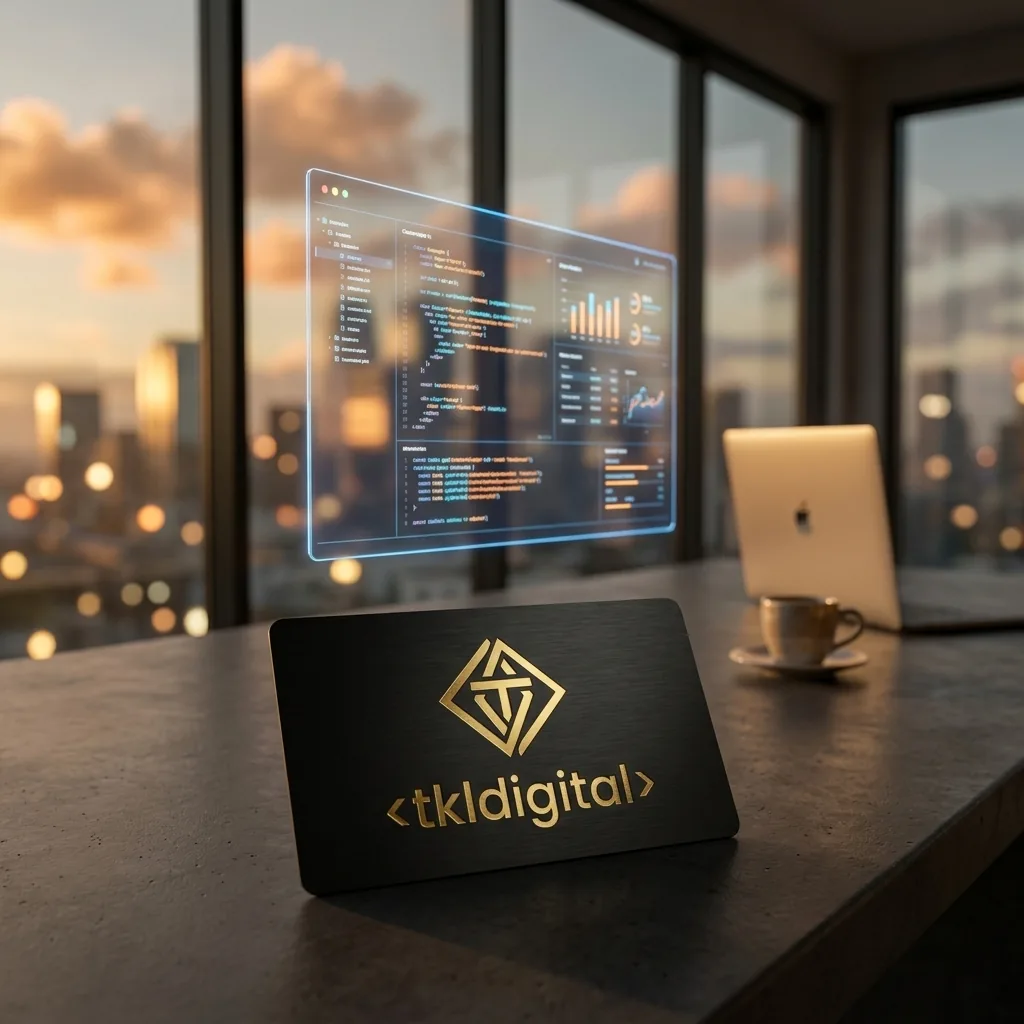 Workspace tkldigital — holograficzny interfejs nad nowoczesnym biurkiem