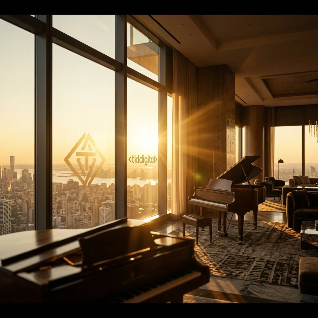Kinowy kadr — penthouse golden hour z logo tkldigital