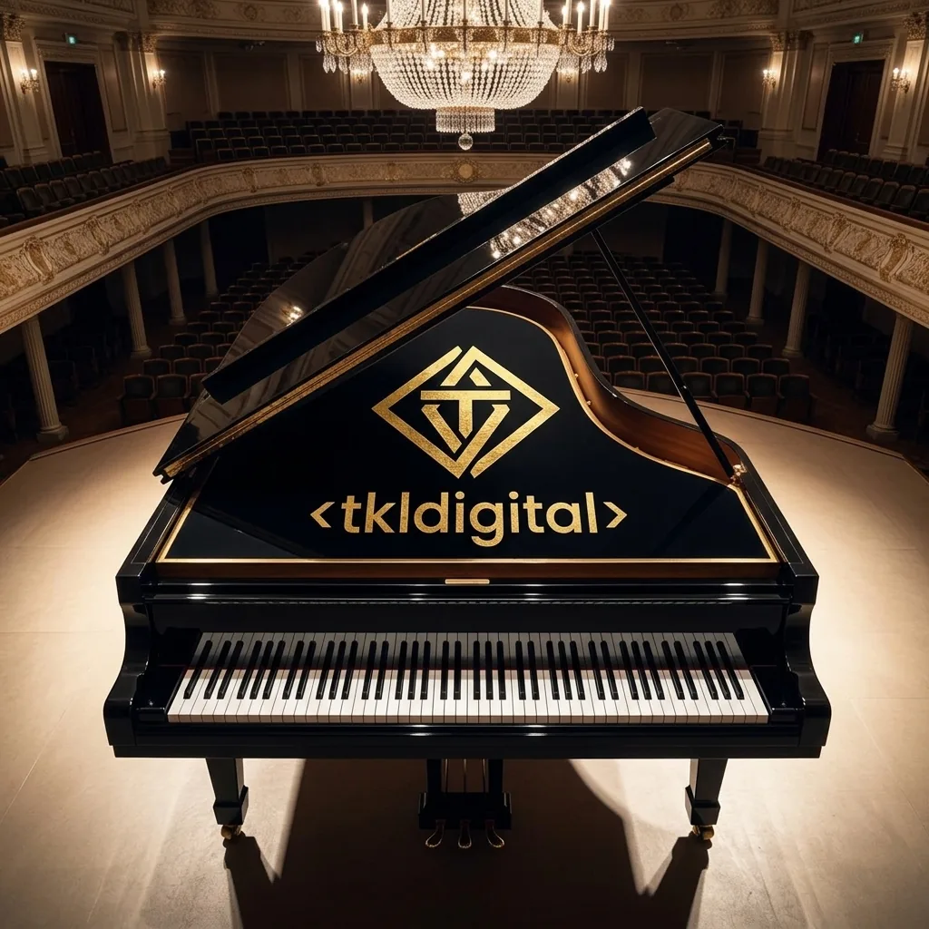 Logo tkldigital w gold leaf na wieczku fortepianu