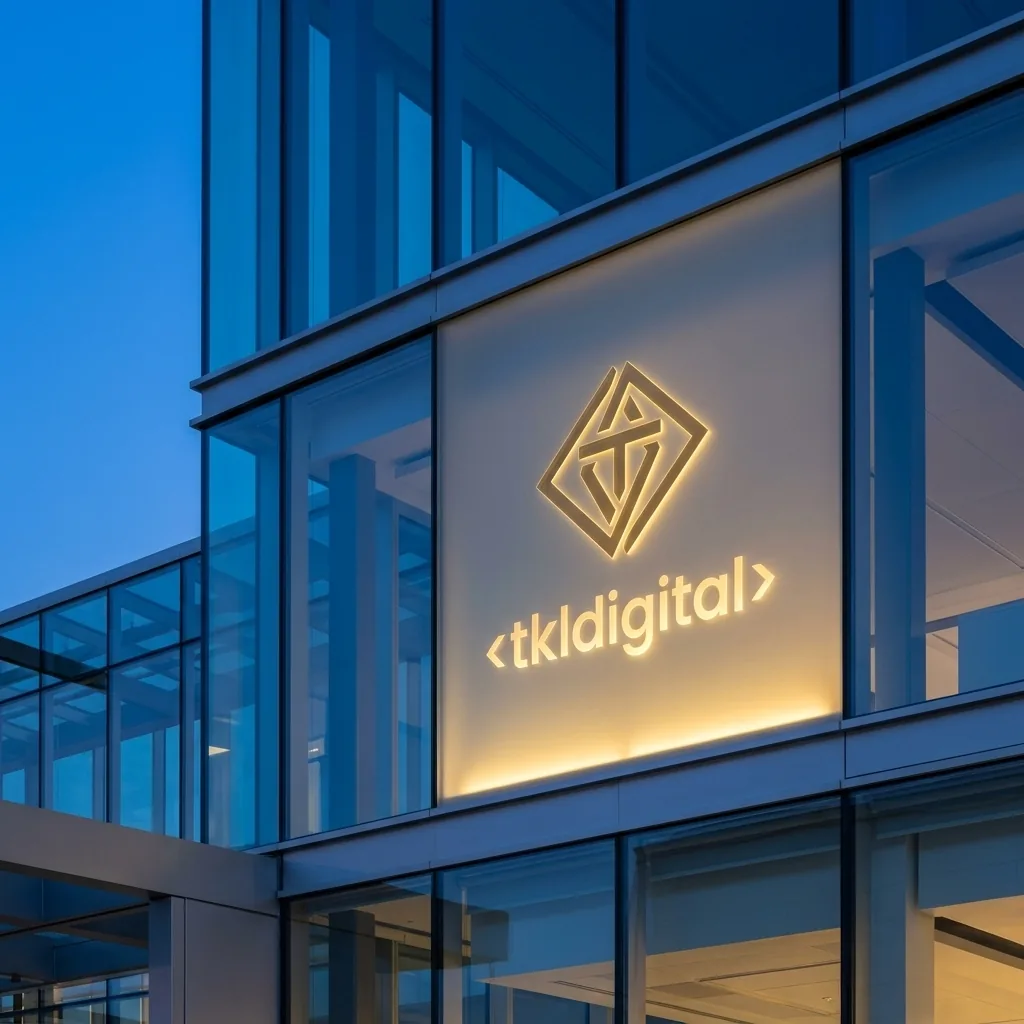 Neon logo na szklanej fasadzie nowoczesnego budynku