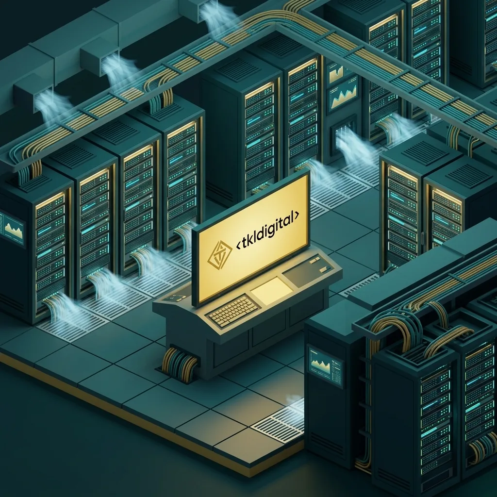 Izometryczne data center z logo na monitorze