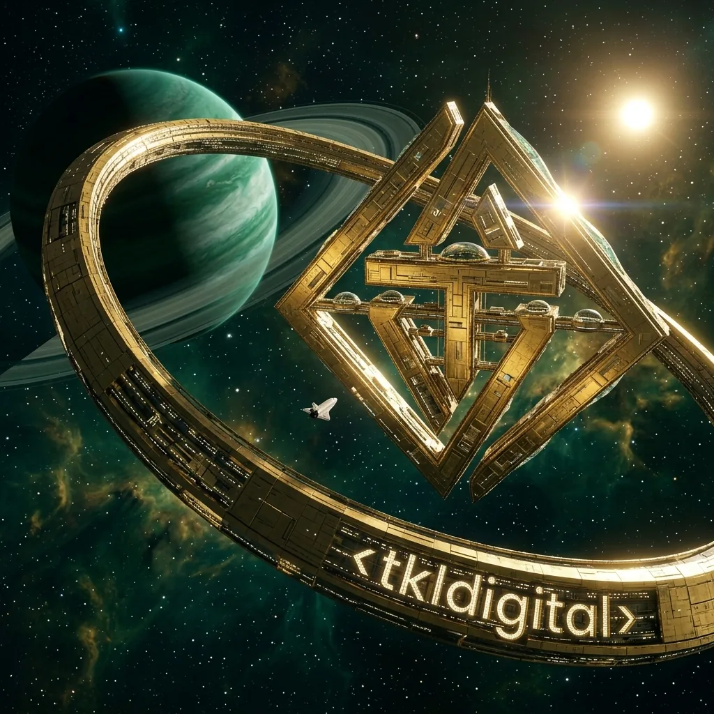 Złota stacja kosmiczna z logo przy Saturnie