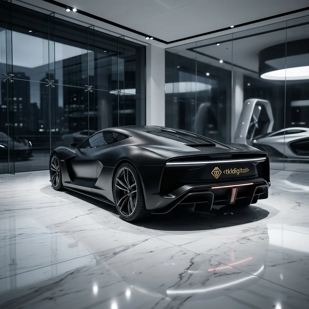 Czarny supercar z logo w showroomie